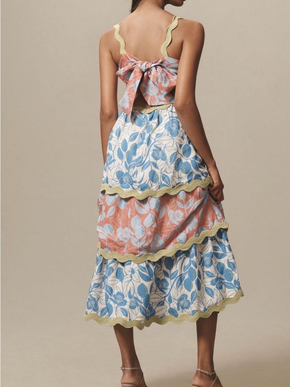 FARM Rio Coral, Blue & Cream Tiered Floral Midi Dress - Picture 2 of 3
